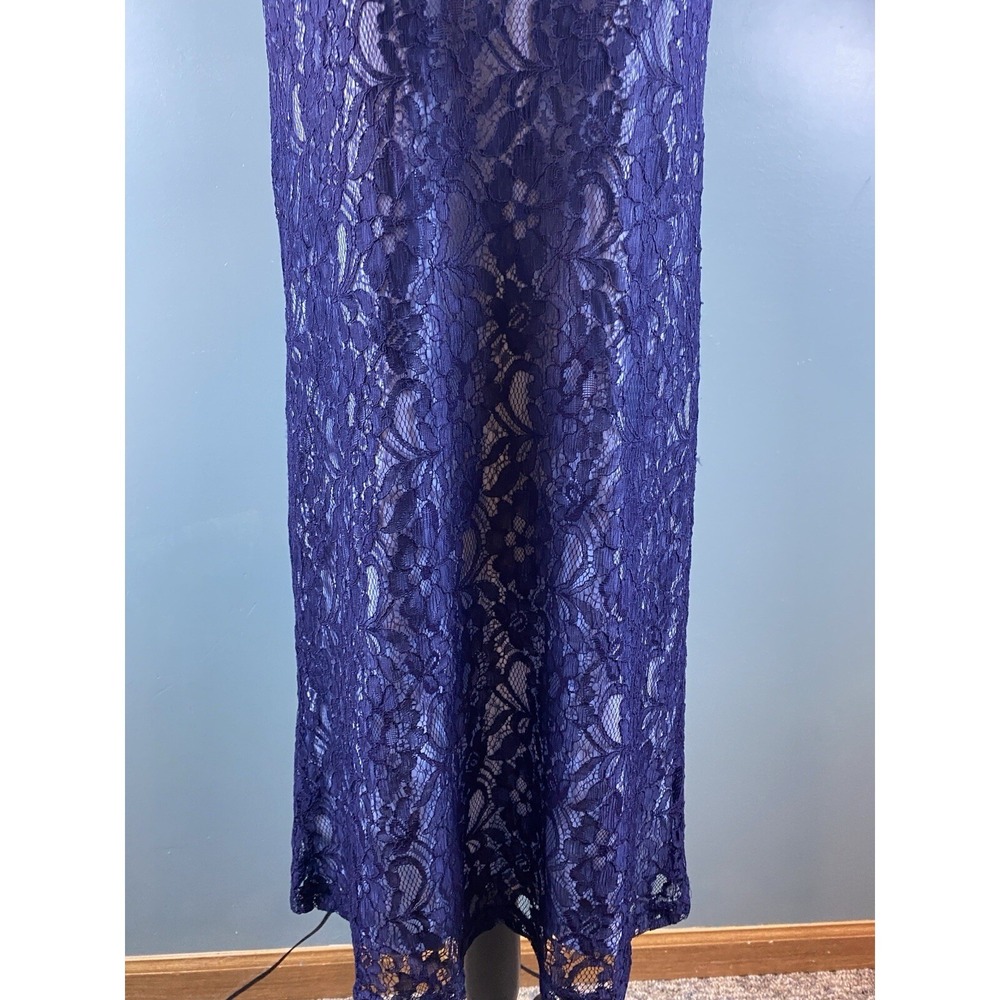 Navy‎ Blue Floral Lace Sleeveless Shift Dress Round Neck Midi Elegant Cocktail - Picture 3 of 16